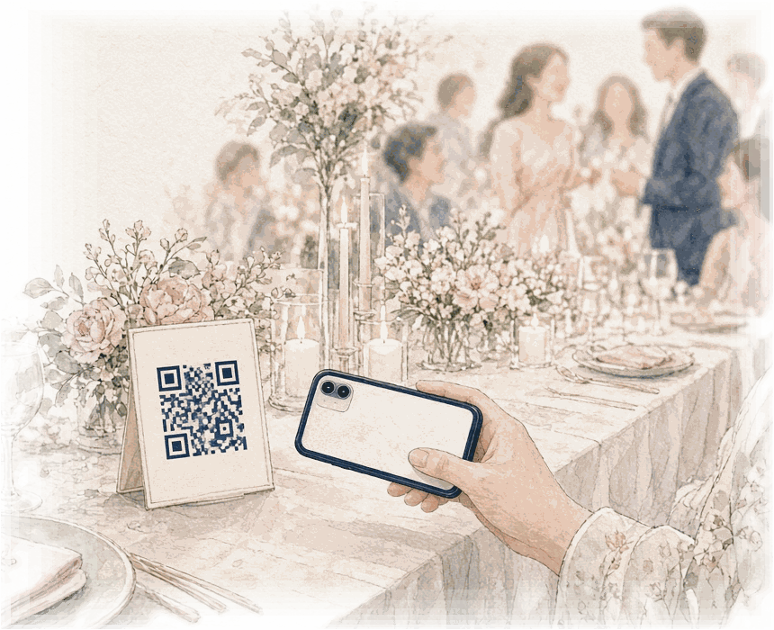 Illustration: a guest at a wedding table points a phone at the QR sign