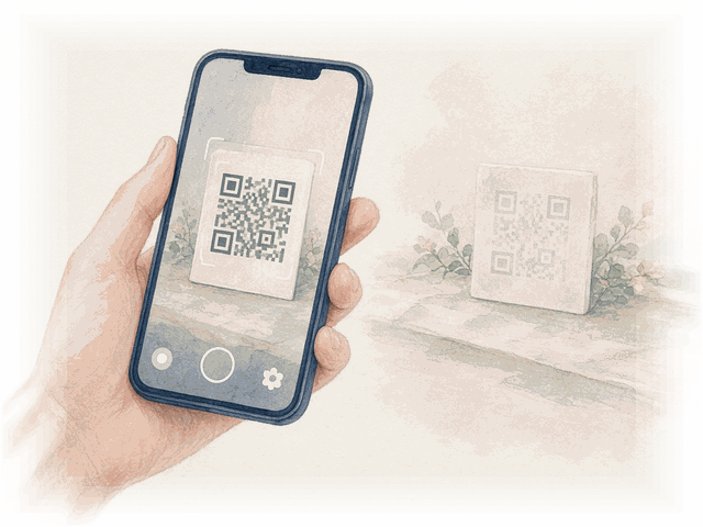Illustration: a phone camera scanning the QR sign