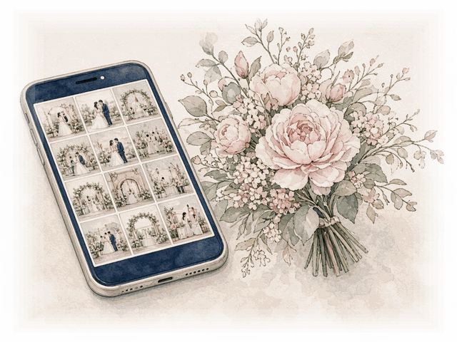 Illustration: the shared event album on a phone, next to a bouquet