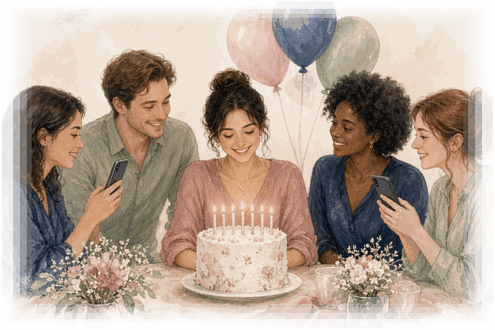Illustration: friends taking phone photos around a birthday cake