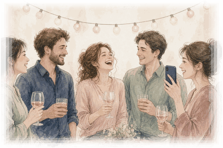 Illustration: colleagues taking photos at a company party