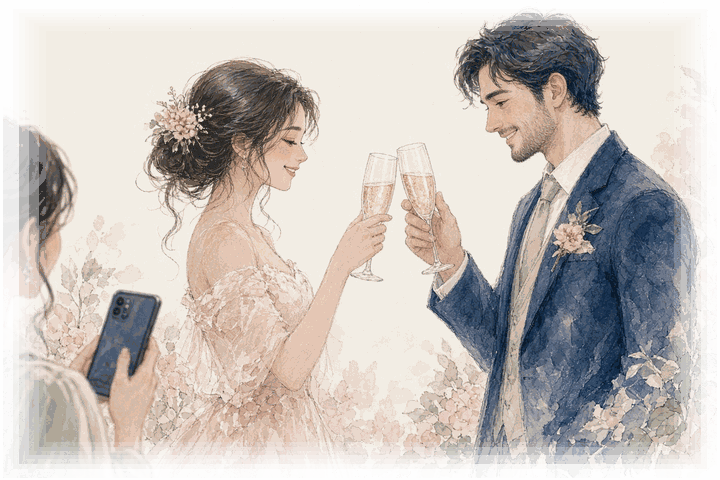 Illustration: a couple raising a toast at their wedding while a guest takes a photo